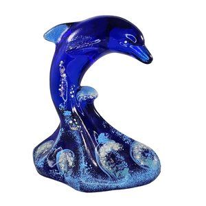 Fenton Art Glass Figurine Cobalt Blue Dolphin On Wave 4" Signed Hand Painted